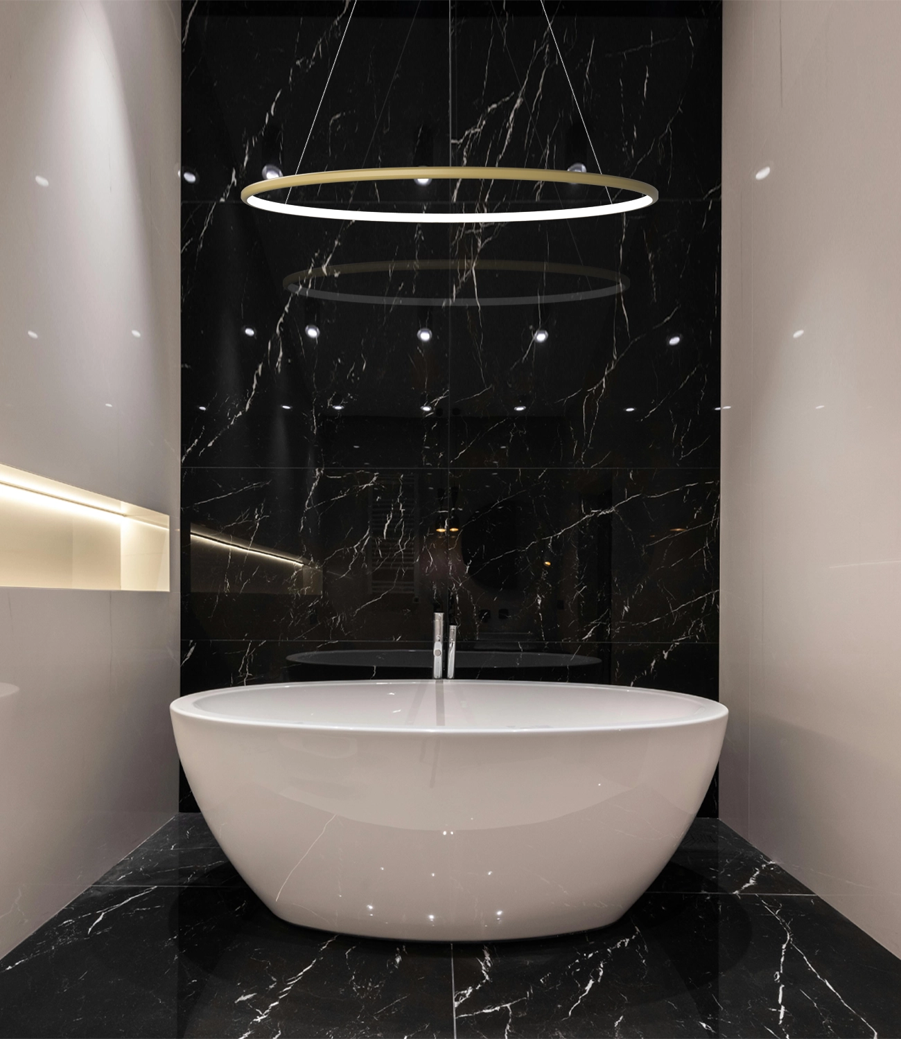 Goldene LED Hängeleuchte Orbit No.1 – elegantes Design fürs Badezimmer. Jetzt entdecken