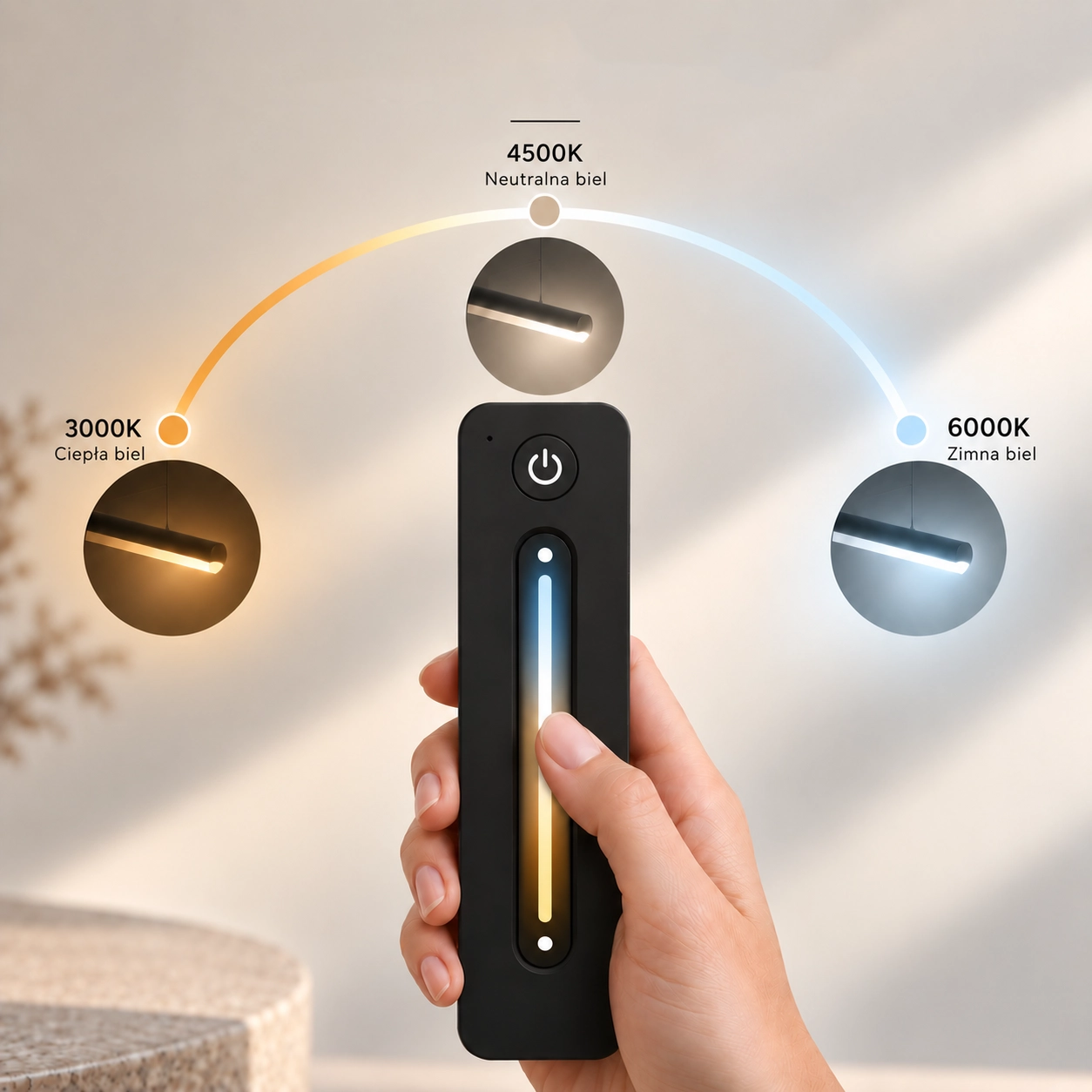 Fernbedienung für die goldene LED-Pendelleuchte Moon No.3 – Lichtfarbe 3000K–6000K und Helligkeitsregelung