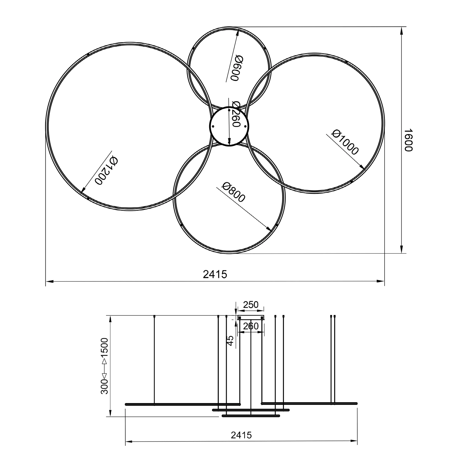 Technische Zeichnung der LED-Pendelleuchte Orbit S No.4 – vier LED-Ringe mit 120, 100, 80 und 60 cm Durchmesser