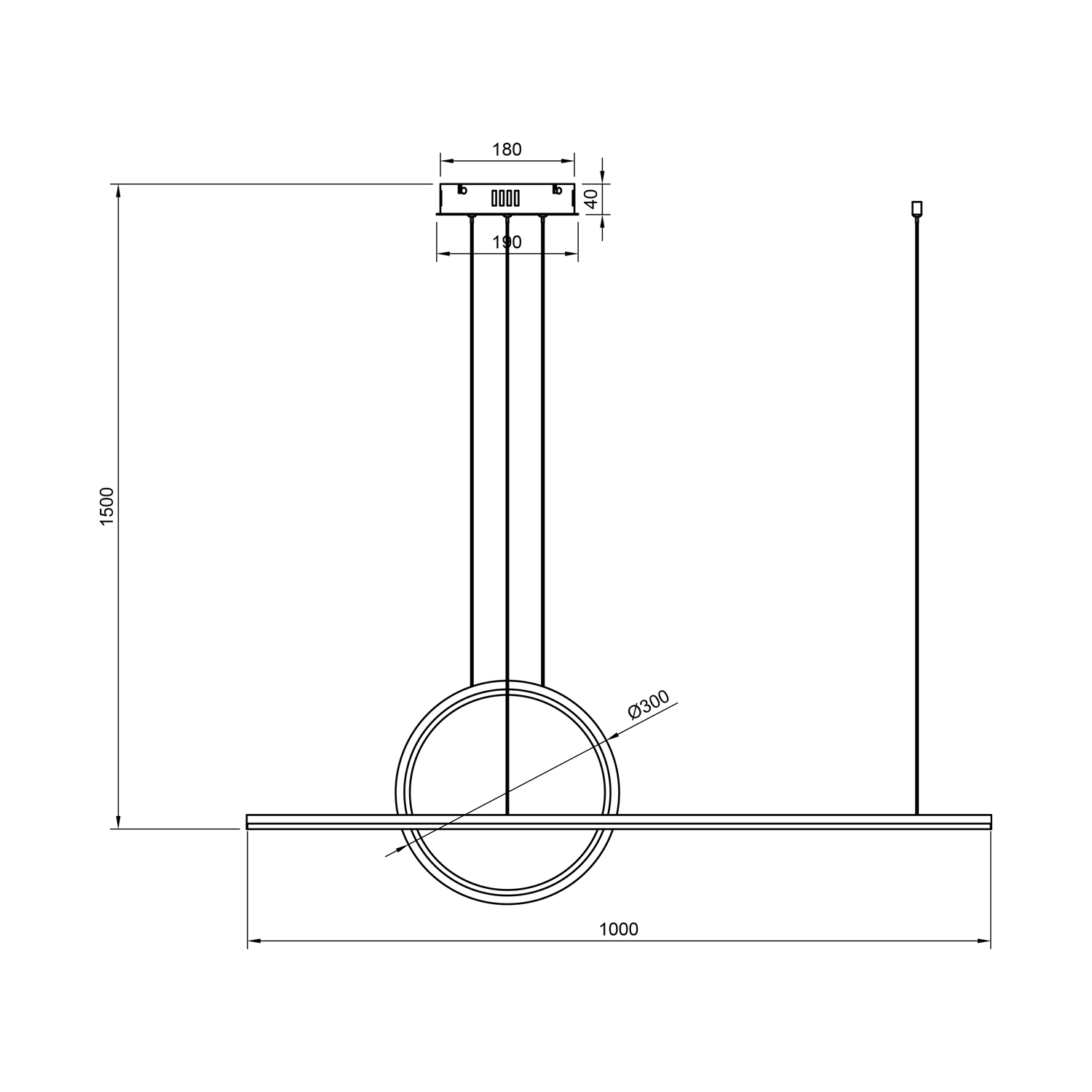 Technische Zeichnung der LED-Pendelleuchte Geometrik 3 mit vertikalem 30 cm Ring und 100 cm LED-Linie