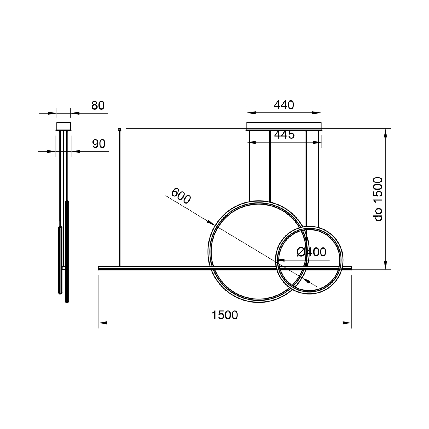 Technische Zeichnung der LED-Pendelleuchte Geometrik No.4 mit Maßen