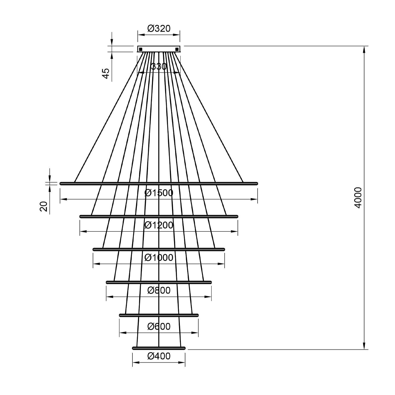 Technische Zeichnung Orbit No.6 – Maße der LED-Ringe 150/120/100/80/60/40 cm