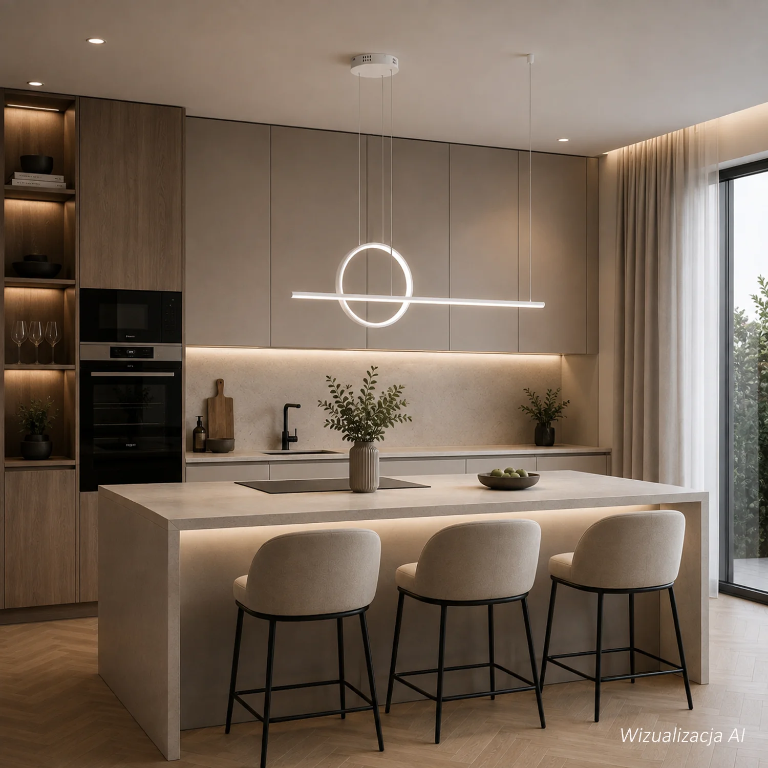 Weiße LED-Leuchte Geometrik No.2 4000K mit Tuya, 120 cm LED-Linie und vertikalem 40 cm Ring