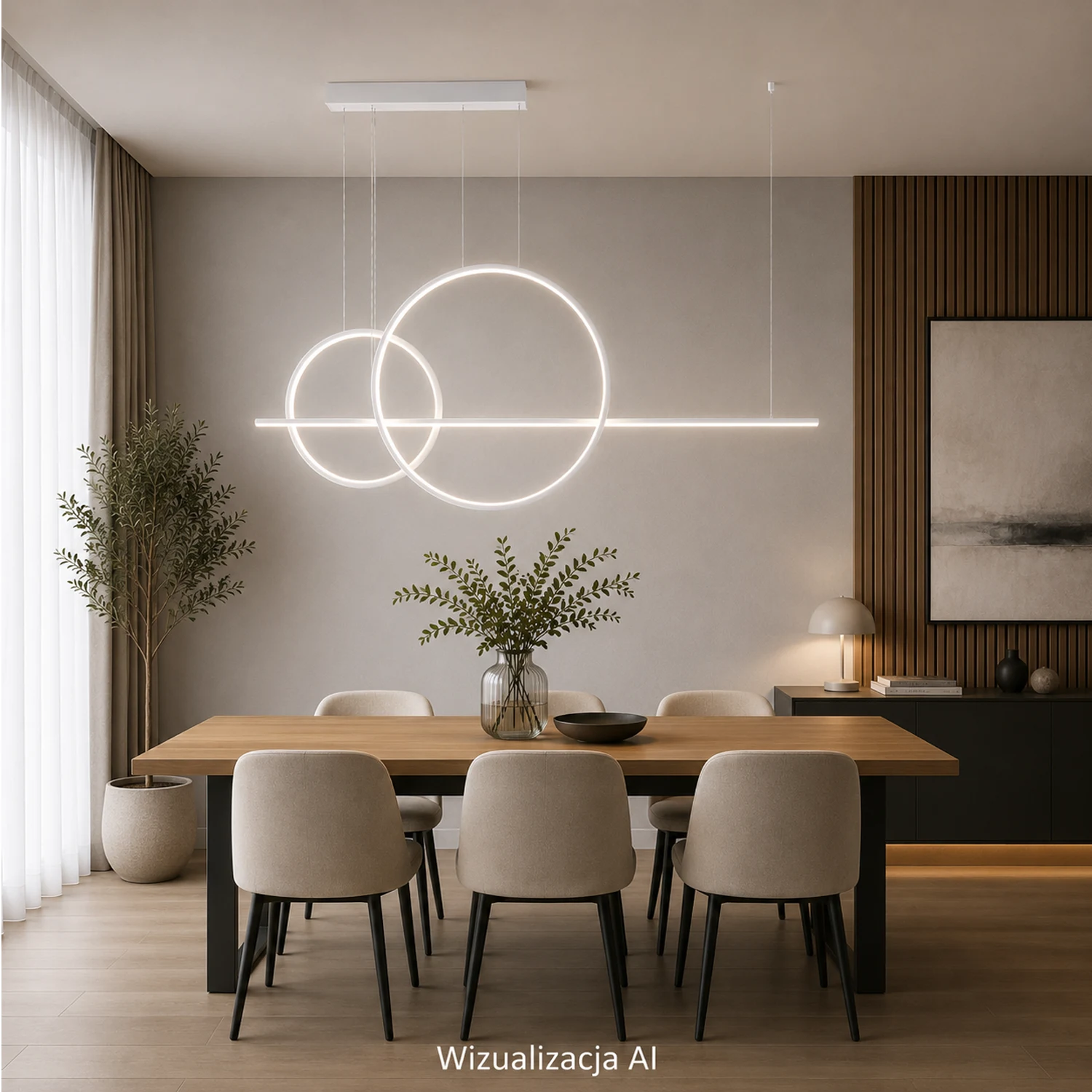 Weiße LED-Pendelleuchte Geometrik No.4 4000K mit zwei Ringen und 150 cm LED-Linie