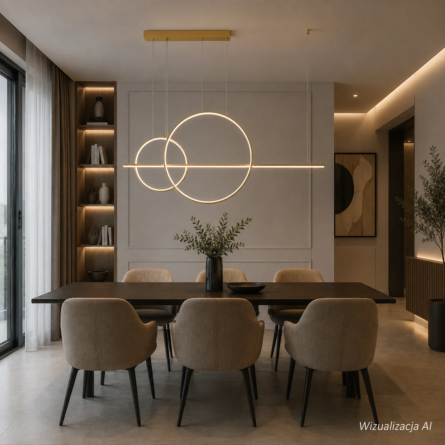 Goldene LED-Leuchte Geometrik No.4 4000K mit 150 cm LED-Linie und vertikalen Ringen 60 und 40 cm