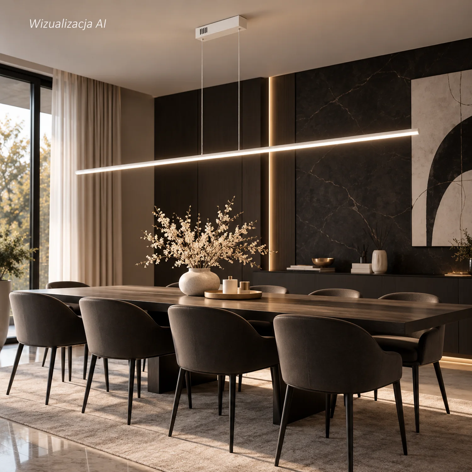Weiße LED-Pendelleuchte Led Line No.1 180 cm 4000K über einem Esstisch