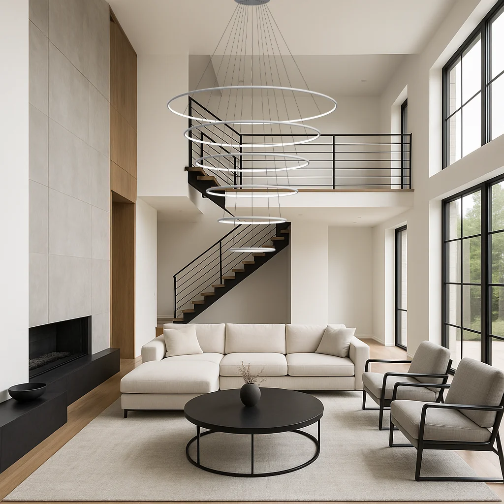 Design-Pendelleuchte Orbit No.6 in Weiß – sechs LED-Ringe über einem eleganten Esstisch