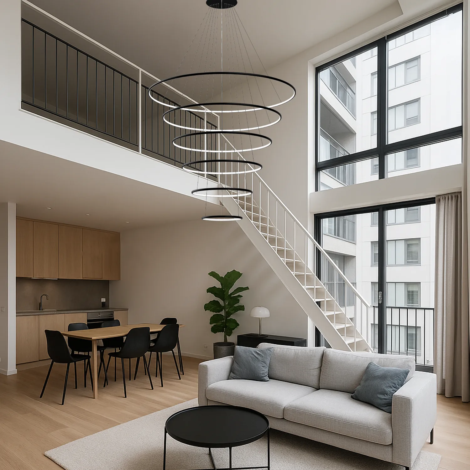 Moderne LED-Pendelleuchte Orbit No.6 Schwarz – sechs LED-Ringe in einem hohen Interieur