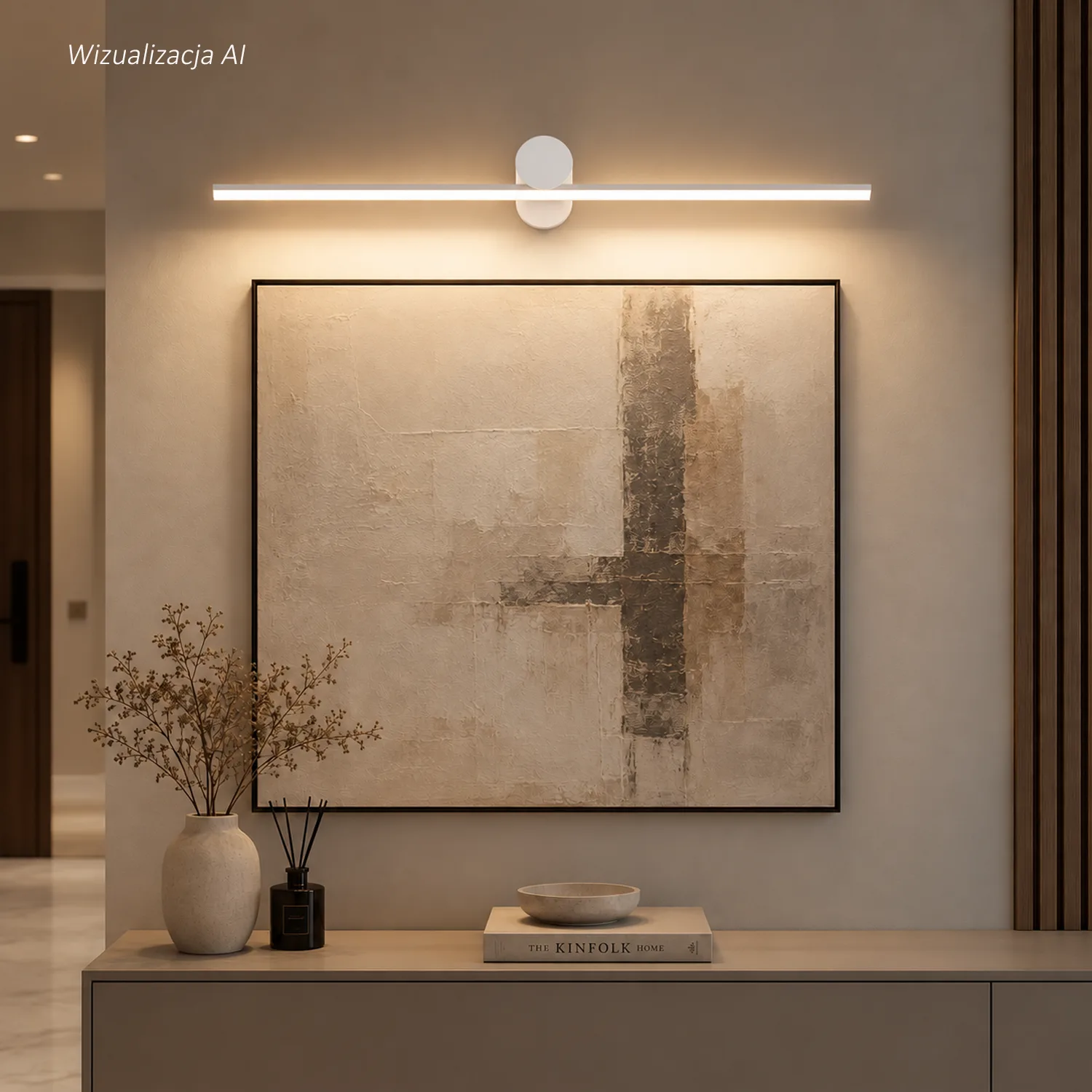 Weiße LED-Wandleuchte Line No.2 80 cm 4000K über einem Bild