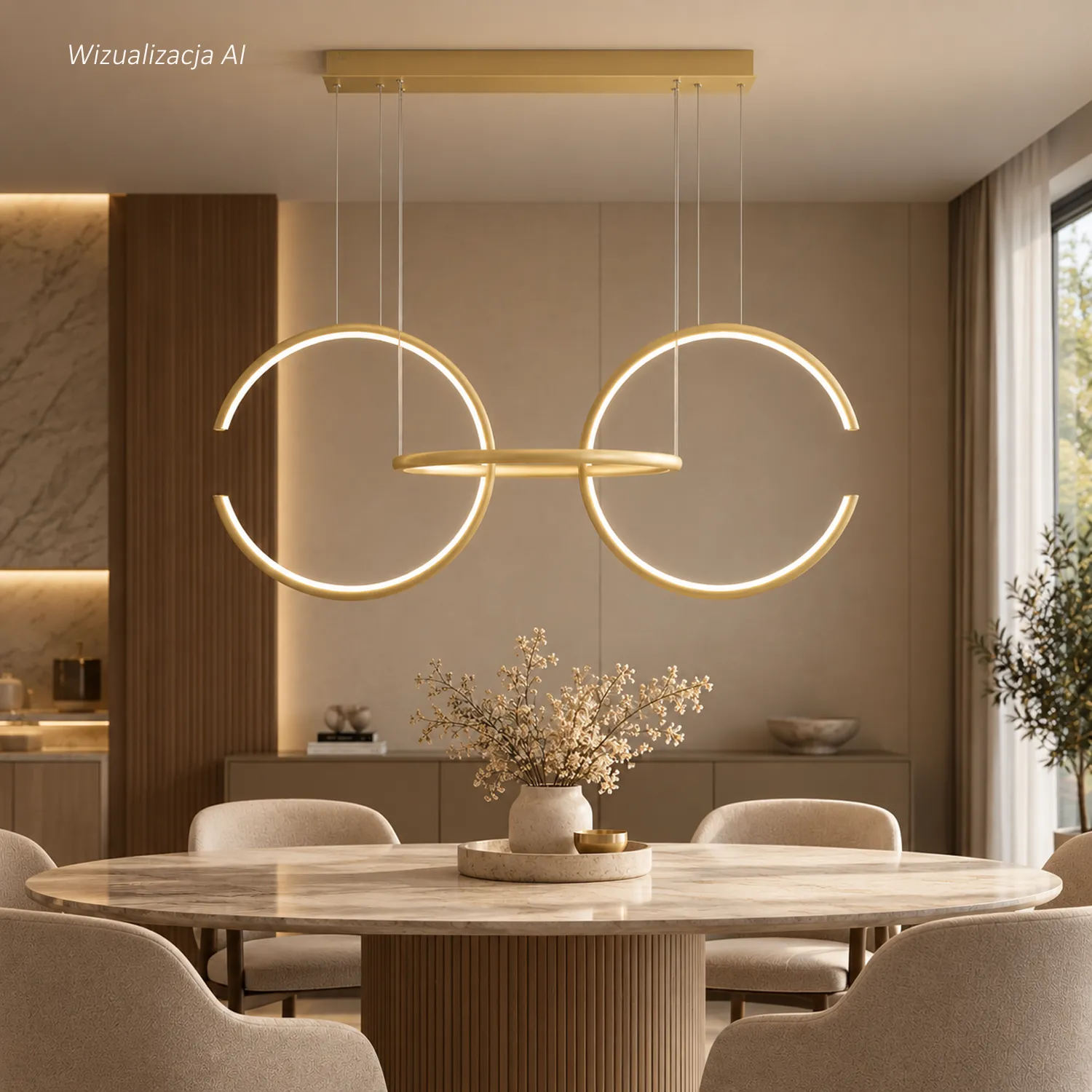 Goldene Led Celestial No.3 3000K mit Tuya App im modernen Esszimmer