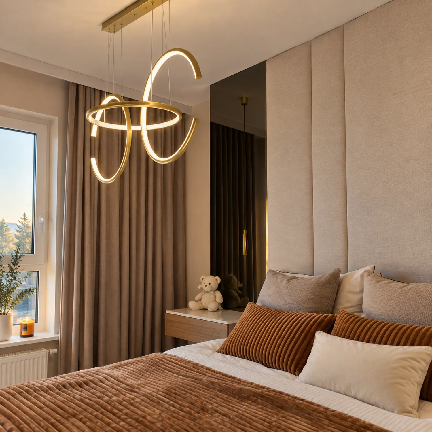 Goldene Led-Pendelleuchte Celestial No.3 3000K mit Tuya App über dem Esstisch