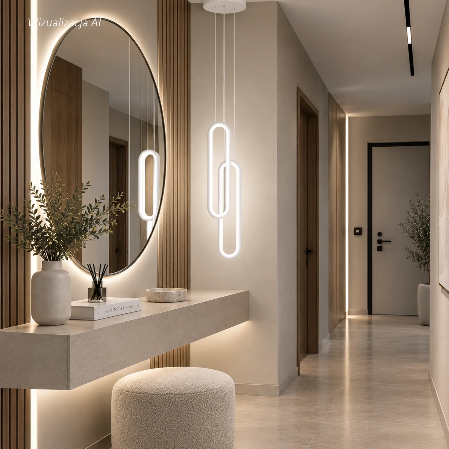 Weiße moderne LED-Pendelleuchte Led Ellipse No.2 als dekorative Beleuchtung im Flur oder Ankleidezimmer