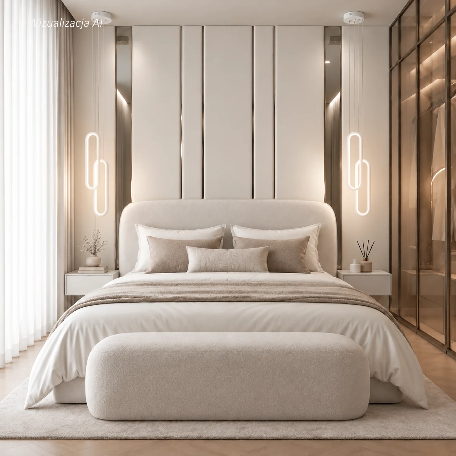 Weiße LED-Pendelleuchten Led Ellipse No.2 beidseitig des Bettes über den Nachttischen im modernen Schlafzimmer