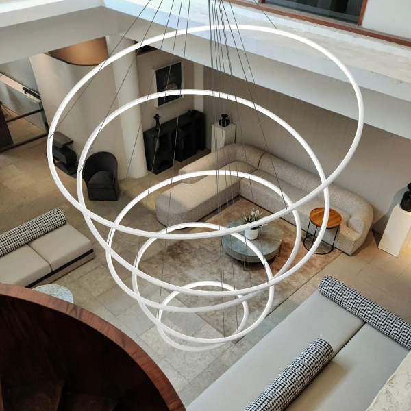 Moderne LED Pendelleuchte Orbit No.5 weiß 150 cm 3000K – mit Tuya LEDesign