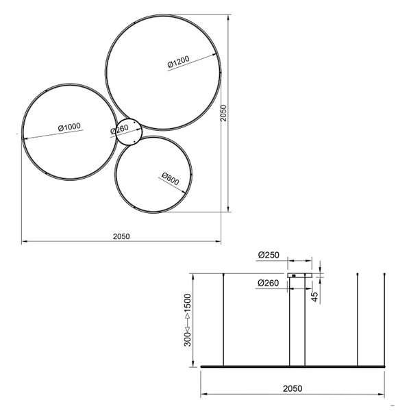Moderne LED-Pendelleuchte Orbit S No.3 120 cm Schwarz 3000K dimmbar LEDesign