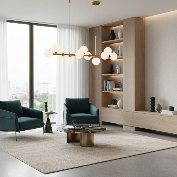 Moderne Pendelleuchte Lunaris 11 gold milchige Schirme